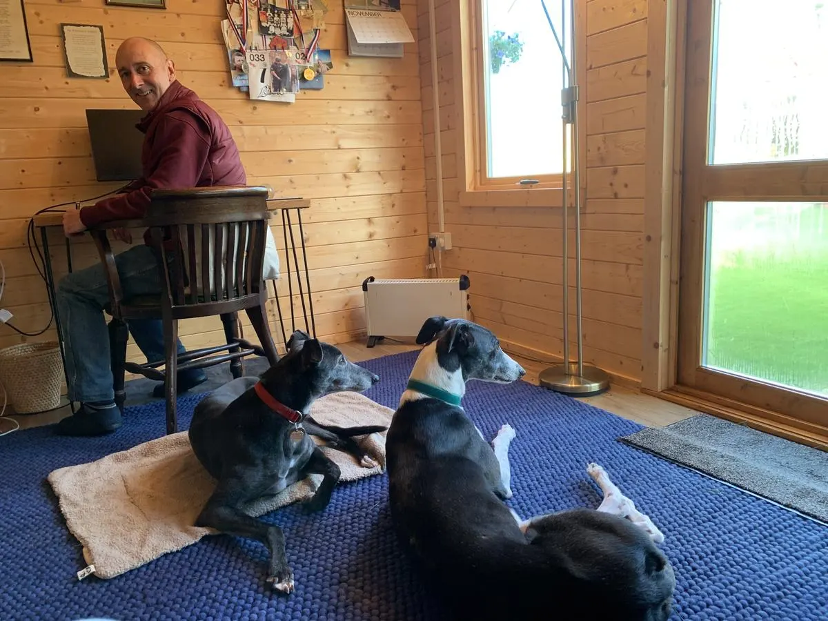 The author in his writing den, accompanied by Pearl (left) and Paddy.