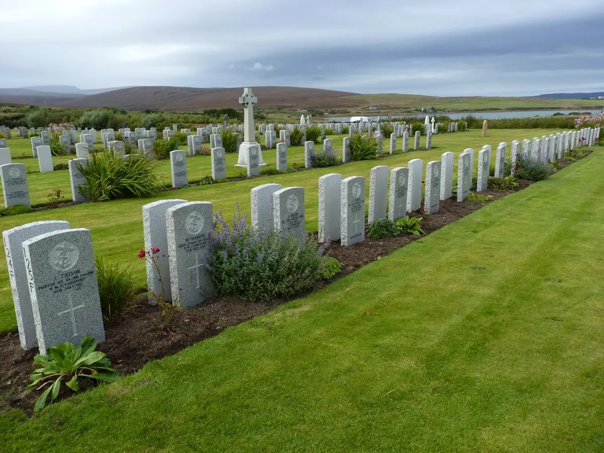 Graves of crew from HMS Vanguard in Lyness Military Cemetery on the island of Hoy.